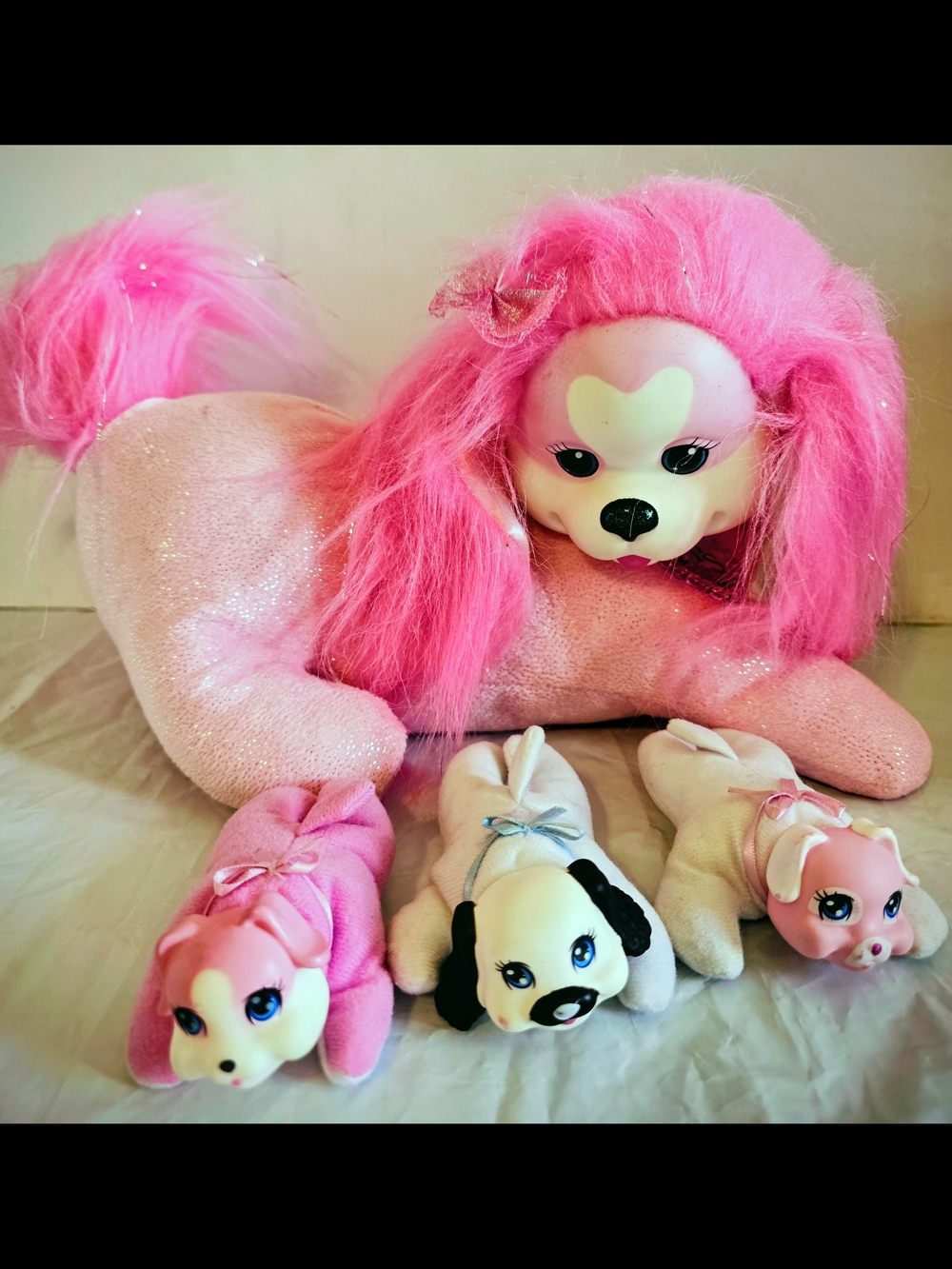 Vintage Plush Pink Puppy Toy Set Puppy Surprise 12 Inch With 3 Puppies